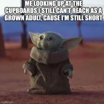 Baby Yoda | ME LOOKING UP AT THE CUPBOARDS I STILL CAN'T REACH AS A GROWN ADULT, CAUSE I'M STILL SHORT | image tagged in baby yoda | made w/ Imgflip meme maker
