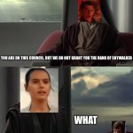 You are Blank, but we do not grant you Blank | YOU ARE ON THIS COUNCIL, BUT WE DO NOT GRANT YOU THE RANK OF SKYWALKER; WHAT | image tagged in you are blank but we do not grant you blank | made w/ Imgflip meme maker