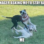 Manager | MANAGER ASKING ME TO STAY BACK; ME | image tagged in tumble | made w/ Imgflip meme maker