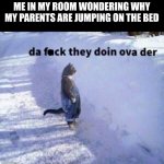 Cat standing in the snow | ME IN MY ROOM WONDERING WHY MY PARENTS ARE JUMPING ON THE BED | image tagged in cat standing in the snow | made w/ Imgflip meme maker