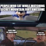 do you remember the show | PEOPLE WHO EAT WHILE WATCHING SECRET MOUNTAIN FORT AWESOME; PEOPLE WHO EAT GROSS FOODS; PEOPLE WHO EAT SPOILED FOOD | image tagged in sonic catching the car | made w/ Imgflip meme maker