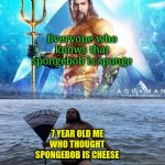 Anyone else like me, with one celled brain? | Everyone who knows that spongebob is sponge; 7 YEAR OLD ME WHO THOUGHT SPONGEBOB IS CHEESE | image tagged in me vs reality - aquaman,unfunny,gifs,memes | made w/ Imgflip meme maker