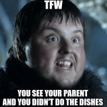 TFW YOU SEEE YOUR PARENTS AND YOU DIDNT DO THE DISHES | TFW; YOU SEE YOUR PARENT AND YOU DIDN'T DO THE DISHES | image tagged in that face when | made w/ Imgflip meme maker