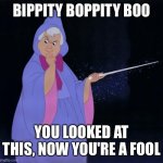 DONT LOOK AT THIS!! | BIPPITY BOPPITY BOO; YOU LOOKED AT THIS, NOW YOU'RE A FOOL | image tagged in fairy godmother | made w/ Imgflip meme maker