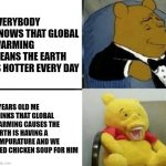 my smartness is a lie | EVERYBODY KNOWS THAT GLOBAL WARMING MEANS THE EARTH IS HOTTER EVERY DAY; 8 YEARS OLD ME THINKS THAT GLOBAL WARMING CAUSES THE EARTH IS HAVING A TEMPURATURE AND WE NEED CHICKEN SOUP FOR HIM | image tagged in winnie the pooh rich to poor | made w/ Imgflip meme maker