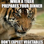 Take what you are given | WHEN A TIGER PREPARES YOUR DINNER; DON'T EXPECT VEGETABLES | image tagged in dinner,choice,carnivore | made w/ Imgflip meme maker