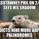 Groundhog Day 2022 | PUNXSUTAWNEY PHIL ON 2/2/22
SEES HIS SHADOW; PREDICTS NINE MORE DAYS OF
PALINDROMES | image tagged in groundhog,palindrome,groundhog day,2-2-22 | made w/ Imgflip meme maker