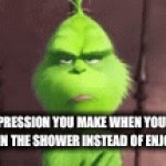 Why | THAT EXPRESSION YOU MAKE WHEN YOU HAVE TO ACTUALLY WASH IN THE SHOWER INSTEAD OF ENJOYING HOT WATER | image tagged in gifs,grinch | made w/ Imgflip video-to-gif maker