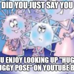 huggy wuggy pose on yt is cursed dont look it up | DID YOU JUST SAY YOU; YOU ENJOY LOOKING UP "HUGGY WUGGY POSE" ON YOUTUBE BRO | image tagged in please,do,not,the,snowflake | made w/ Imgflip meme maker