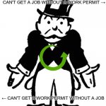 Heads, I Win, Tails, You Lose | CAN'T GET A JOB WITHOUT A WORK PERMIT →; ← CAN'T GET A WORK PERMIT WITHOUT A JOB | image tagged in confused uncle pennybags,memes,employment,bureaucracy | made w/ Imgflip meme maker