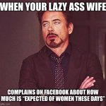 Robert Downey Jr Annoyed | WHEN YOUR LAZY ASS WIFE COMPLAINS ON FACEBOOK ABOUT HOW MUCH IS “EXPECTED OF WOMEN THESE DAYS” | image tagged in robert downey jr annoyed | made w/ Imgflip meme maker