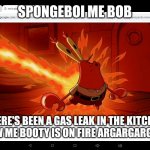 Gas Leak | SPONGEBOI ME BOB; THERE'S BEEN A GAS LEAK IN THE KITCHEN AND NOW ME BOOTY IS ON FIRE ARGARGARGARGARG | image tagged in mr krabs' ass on fire | made w/ Imgflip meme maker