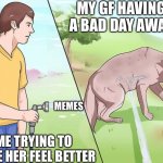 Cheer up gf | MY GF HAVING A BAD DAY AWAY; MEMES; ME TRYING TO MAKE HER FEEL BETTER | image tagged in water hose dog | made w/ Imgflip meme maker