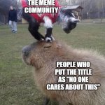 gotchu | THE MEME COMMUNITY; PEOPLE WHO PUT THE TITLE AS "NO ONE CARES ABOUT THIS" | image tagged in capybara,memes | made w/ Imgflip meme maker