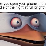 The Night Skipper | When you open your phone in the middle of the night at full brightness | image tagged in penguins of madagascar skipper red eyes,madagascar,penguins of madagascar,madagascar meme,madagascar penguin,relatable | made w/ Imgflip meme maker