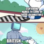 TheOdd1sout buff robot chess | CSX GIVING NAMES TO SOME OF THEIR LOCOMOTIVES; BRITISH RAIL | image tagged in theodd1sout buff robot chess | made w/ Imgflip meme maker