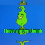 The grinch | Bet you didn’t know I’m a great gardener; I have a green thumb | image tagged in the grinch christmas | made w/ Imgflip meme maker