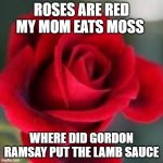 roses are red | ROSES ARE RED
MY MOM EATS MOSS; WHERE DID GORDON RAMSAY PUT THE LAMB SAUCE | image tagged in roses are red | made w/ Imgflip meme maker
