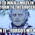 The Shining winter | HAD TO WALK 2 MILES IN THE SNOW STORM TO THE GROCERY STORE DAMN IT …FORGOT MY MASK | image tagged in the shining winter | made w/ Imgflip meme maker