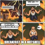 why god | YOU PUT THE CEREAL BEFORE THE MILK BREAKFAST IN A NUTSHELL | image tagged in why god | made w/ Imgflip meme maker