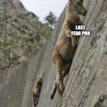 can you feel the progress? | CAN YOU FEEL THE PROGRESS? LAST YEAR PHD; FIRST YEAR PHD; @PHD_GENIE | image tagged in mountain goats | made w/ Imgflip meme maker