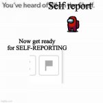 NOOOO | Self report Now get ready for SELF-REPORTING | image tagged in you've heard of elf on the shelf,among us,report,flag,self report | made w/ Imgflip meme maker