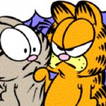 Garfield aggressively holding Nermal meme