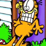 Garfield leaning against door