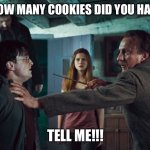 Harry Potter Tell Me | TELL ME, HOW MANY COOKIES DID YOU HAVE TODAY? TELL ME!!! | image tagged in harry potter tell me | made w/ Imgflip meme maker