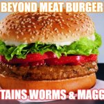 veggie burger no heart disease | BEYOND MEAT BURGER; CONTAINS WORMS & MAGGOTS | image tagged in veggie burger no heart disease | made w/ Imgflip meme maker