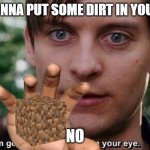 I'm gonna put some dirt in your eye | IM GONNA PUT SOME DIRT IN YOUR EYE; NO | image tagged in i'm gonna put some dirt in your eye | made w/ Imgflip meme maker
