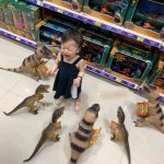 Girl surrounded by toy dinosaurs template
