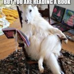 true | WHEN YOUR MOTHER COMES IN YOUR ROOM TO SCOLD YOU FOR PLAYING GAMES BUT YOU ARE READING A BOOK | image tagged in goat reading a book | made w/ Imgflip meme maker