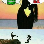 Romantic Cliff Couple | I'll fall in it. Hear about love? | image tagged in romantic cliff couple | made w/ Imgflip meme maker