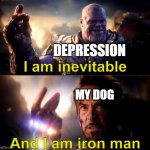 Tony Stark ando Thanos | DEPRESSION; I am inevitable; MY DOG; And I am iron man | image tagged in tony stark ando thanos,memes | made w/ Imgflip meme maker