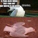 water | 9-YEAR-OLDS WHEN THEY FIND OUT THAT WATER IS AN ACID:; drinks | image tagged in inhales dies bird,water,immature | made w/ Imgflip meme maker