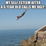 Cliff Diver | MY SELF ESTEEM AFTER A 6 YEAR OLD CALLS ME UGLY: | image tagged in cliff diver | made w/ Imgflip meme maker
