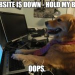 I broke the interweb | WEBSITE IS DOWN - HOLD MY BEER; OOPS. | image tagged in dog computer | made w/ Imgflip meme maker