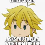 First meme :) | WHEN YOUR LITTLE COUSIN; ASKS YOU TO PLAY WITH THEM FOR THE 300,000TH TIME TODAY | image tagged in meliodas | made w/ Imgflip meme maker