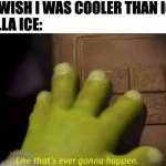 like that's ever gonna happen | ME: I WISH I WAS COOLER THAN ICE
VANILLA ICE: | image tagged in like that's ever gonna happen,shrek,funny,fun,memes,meme | made w/ Imgflip meme maker