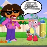 Boots Hitting Dora With A Baseball Bat | OUCH! BOOTS! STOP HITTING ME WITH THE BASEBALL BAT! AAAHHHHHHHHHH!!! | image tagged in boots pointing,dora the explorer,roblox piggy,granny,piggy | made w/ Imgflip meme maker