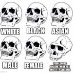 Idiot Skull Meme | ASIAN; BLACK; WHITE; MALE; FEMALE; PEOPLE WHO FOLLOW THOSE ASS AND TITTY STREAMS | image tagged in idiot skull meme,maybe don't view nsfw,oh wow are you actually reading these tags,imgflip users | made w/ Imgflip meme maker