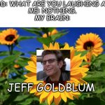 *insert snarky jeff goldblum catch phrase that relates to this* | DAD: WHAT ARE YOU LAUGHING AT?
ME: NOTHING.
MY BRAIN:; JEFF GOLDBLUM | image tagged in happy sunflower,jeff goldblum,teacher what are you laughing at | made w/ Imgflip meme maker
