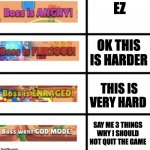 Um, Brawl Stars? | EZ; OK THIS IS HARDER; THIS IS VERY HARD; SAY ME 3 THINGS WHY I SHOULD NOT QUIT THE GAME | image tagged in all stages of brawl stars bosses | made w/ Imgflip meme maker