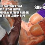 I have no real title for this one. | SOLID CARTOONS THAT GET A LOT OF UNFAIR CRITICISM FOR WHATEVER REASON. (MIGHT BE THE LGBTQ+ REP); SHE-RA (2018); THE OWL
 HOUSE; STEVEN 
UNIVESE | image tagged in epic handshake three way,she-ra,steven universe,the owl house,lgbtq,cartoons | made w/ Imgflip meme maker