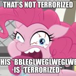 That’s not terrorized! This is “Terrorized” (in-proper-text) | THAT’S NOT TERRORIZED; THIS *BBLEGLWEGLWEGLWE* IS “TERRORIZED” | image tagged in this bbleglweglweglwe is terrorized - terrorized pie,terrorism,terrorist,mlp | made w/ Imgflip meme maker