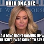 Kayleigh McEnany | HOLD ON A SEC…; I HAD A LONG NIGHT COMING UP WITH THE BULLSHIT I WAS GOING TO SAY TODAY | image tagged in kayleigh mcenany | made w/ Imgflip meme maker