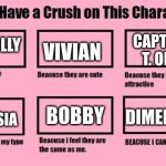 Paper Mario Crushes | CAPTAIN T. ODE; VIVIAN; KING OLLY; NASTASIA; DIMENTIO; BOBBY | image tagged in i have a crush on this character | made w/ Imgflip meme maker