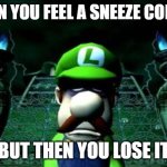 Depressed Luigi | WHEN YOU FEEL A SNEEZE COMING; BUT THEN YOU LOSE IT | image tagged in depressed luigi,sneezing,funny memes,luigi,nintendo | made w/ Imgflip meme maker