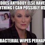 Antibacterial wipes perhaps? … | DOES ANYBODY ELSE HAVE ANYTHING I CAN POSSIBLY USE? ANTIBACTERIAL WIPES PERHAPS? … | image tagged in miranda priestly groundbreaking | made w/ Imgflip meme maker